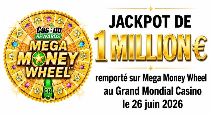 Mega Money Wheel jackpot gagnant de 1 million au Grand Mondial Casino en juin 2026